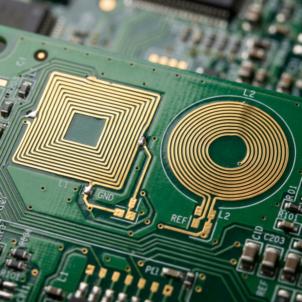 Planar spiral inductors etched onto a PCB showing square and circular copper trace geometries
